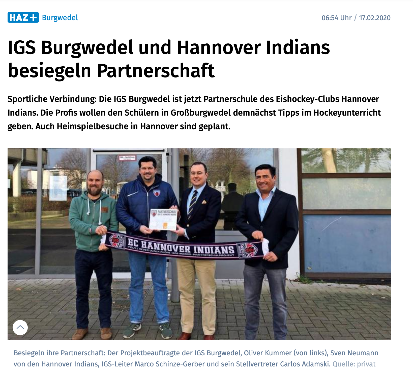 Pressestimmen: IGS Burgwedel und Hannover Indians besiegeln Partnerschaft